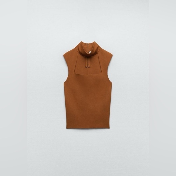 NEW ZARA Burnt Dark Orange Cut Out Choker Turtleneck Top Stretch Blouse - Picture 10 of 13